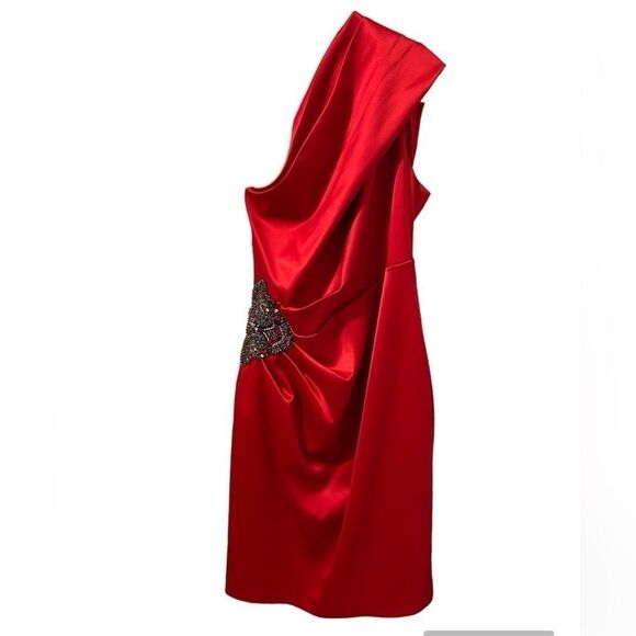 ELIZA J Red Satin One Shoulder Beaded Cocktail Dress - Picture 4 of 13